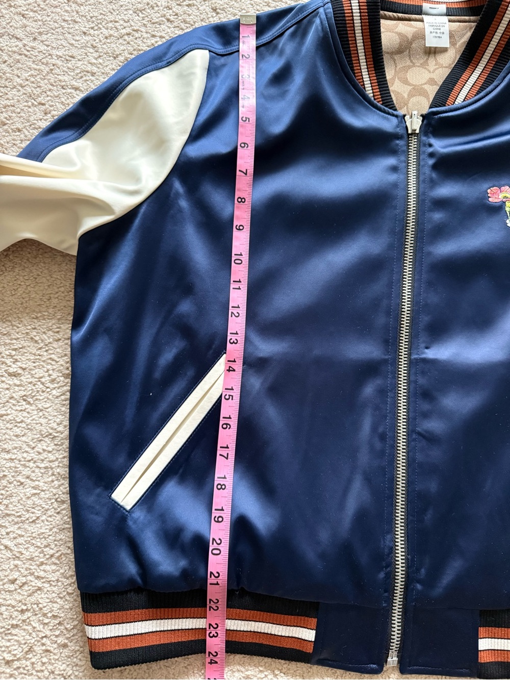Coach Reversible Navy Bomber Jacket with Cream Sleeves and Floral Embroidery - Picture 11 of 11